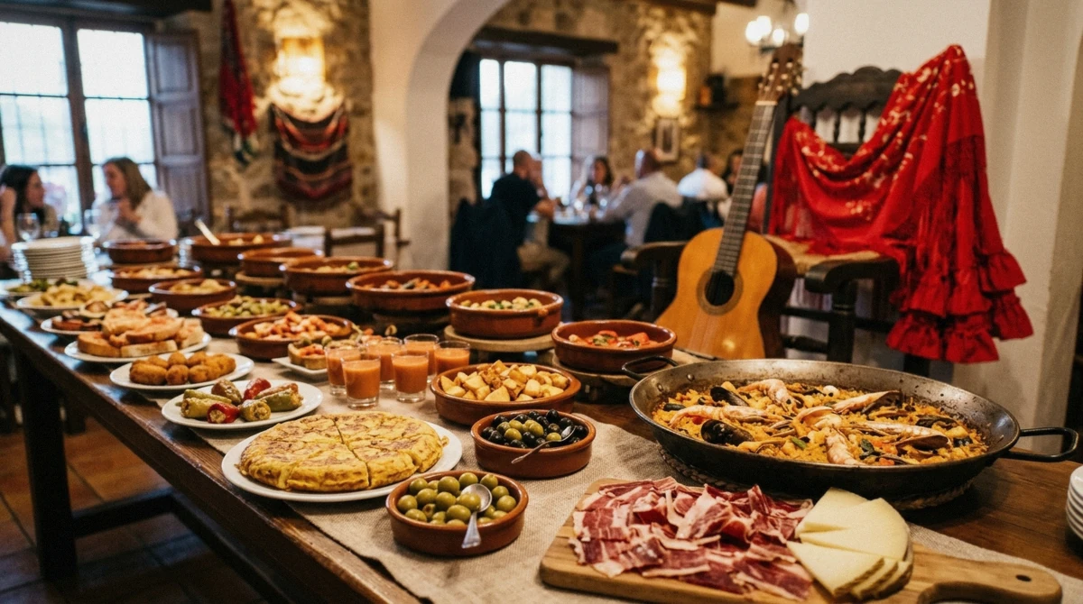 Spanish tapas and small dishes laid out on a buffet before a flamenco dinner show in Barcelona, Spain