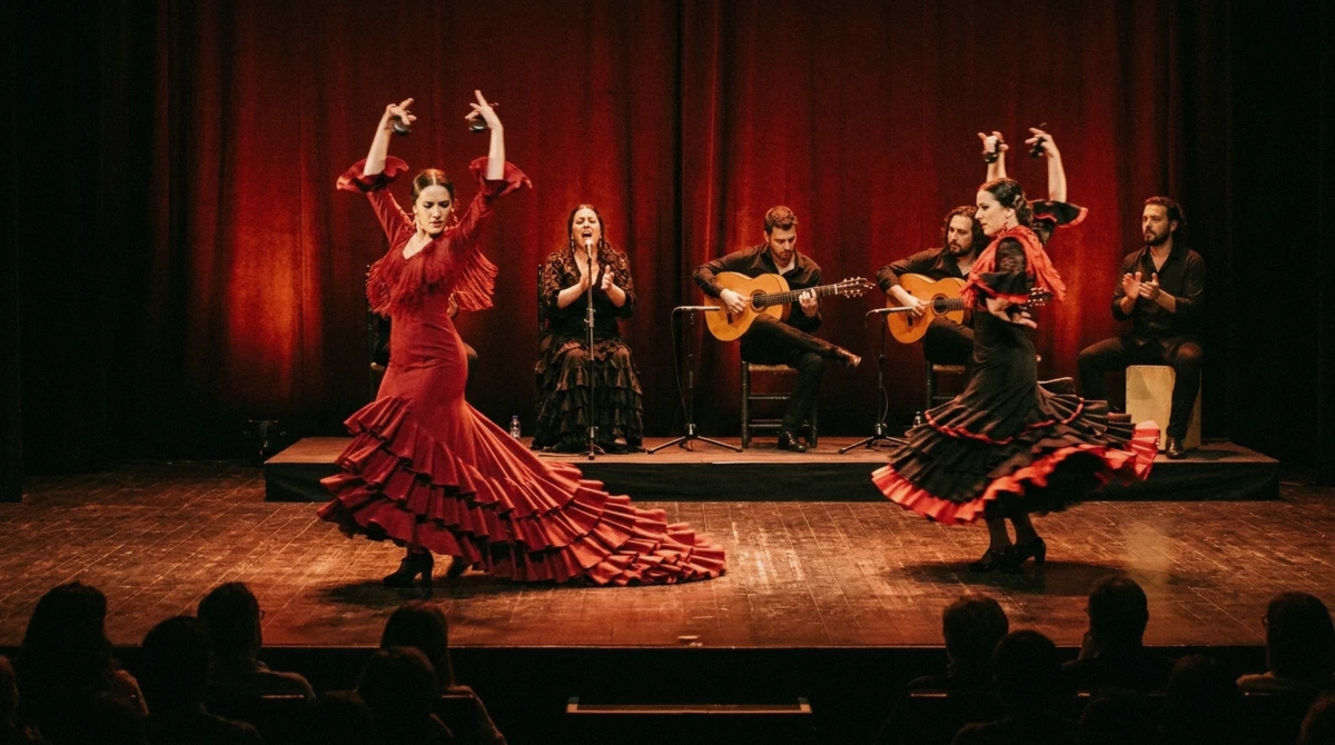 Flamenco company in costume on a large theatre stage during a Barcelona flamenco performance, Spain