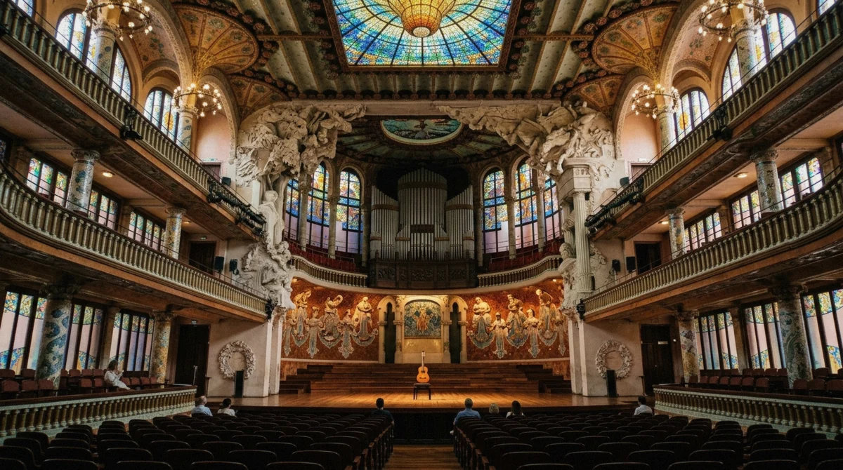 Ornate modernista concert hall interior in Barcelona where the Gran Gala flamenco show is staged, Spain