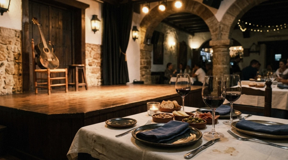 Table set for dinner facing the stage before a flamenco dinner show in Barcelona, Spain