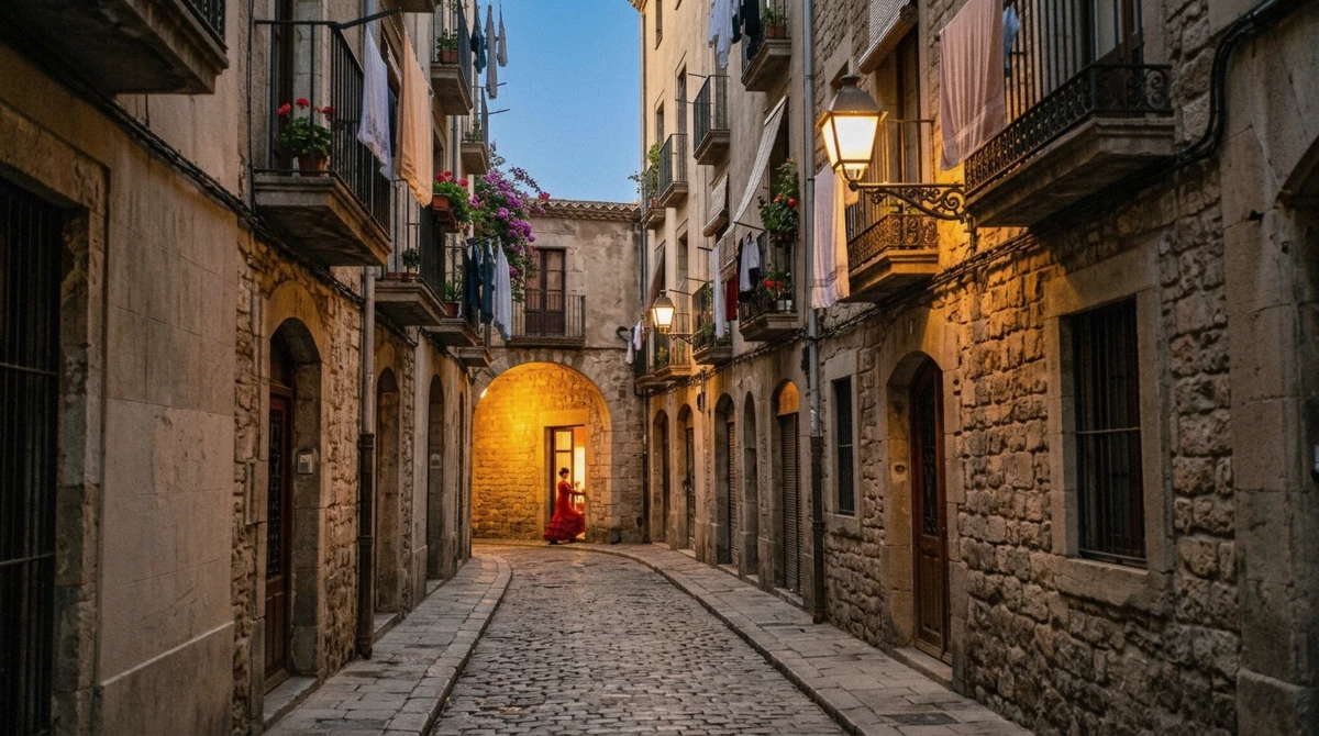 Narrow lamplit street in Barcelona's Gothic Quarter on the walk to an evening flamenco show, Spain