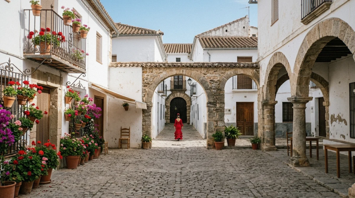 Stone square and arcades of Poble Espanyol on Montjuic, entered free with a flamenco dinner show ticket in Barcelona, Spain