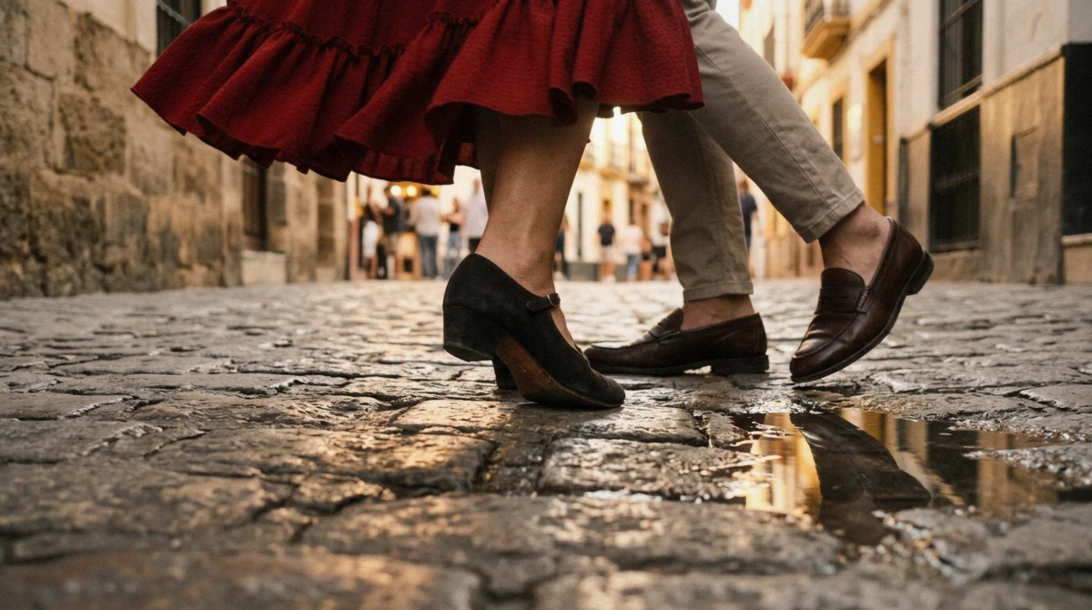 Evening shoes on the cobbled paving of Barcelona's Gothic Quarter on the walk to a flamenco show, Spain