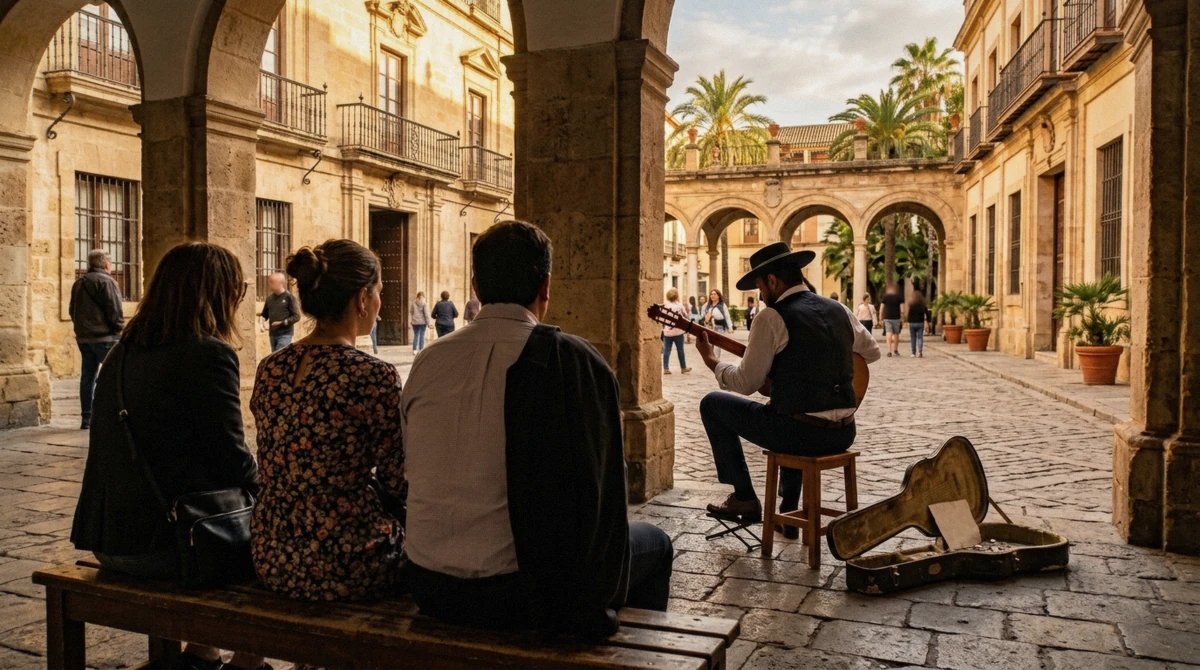 Street guitarist playing to a small crowd in a square in Barcelona, the free end of flamenco in the city, Spain