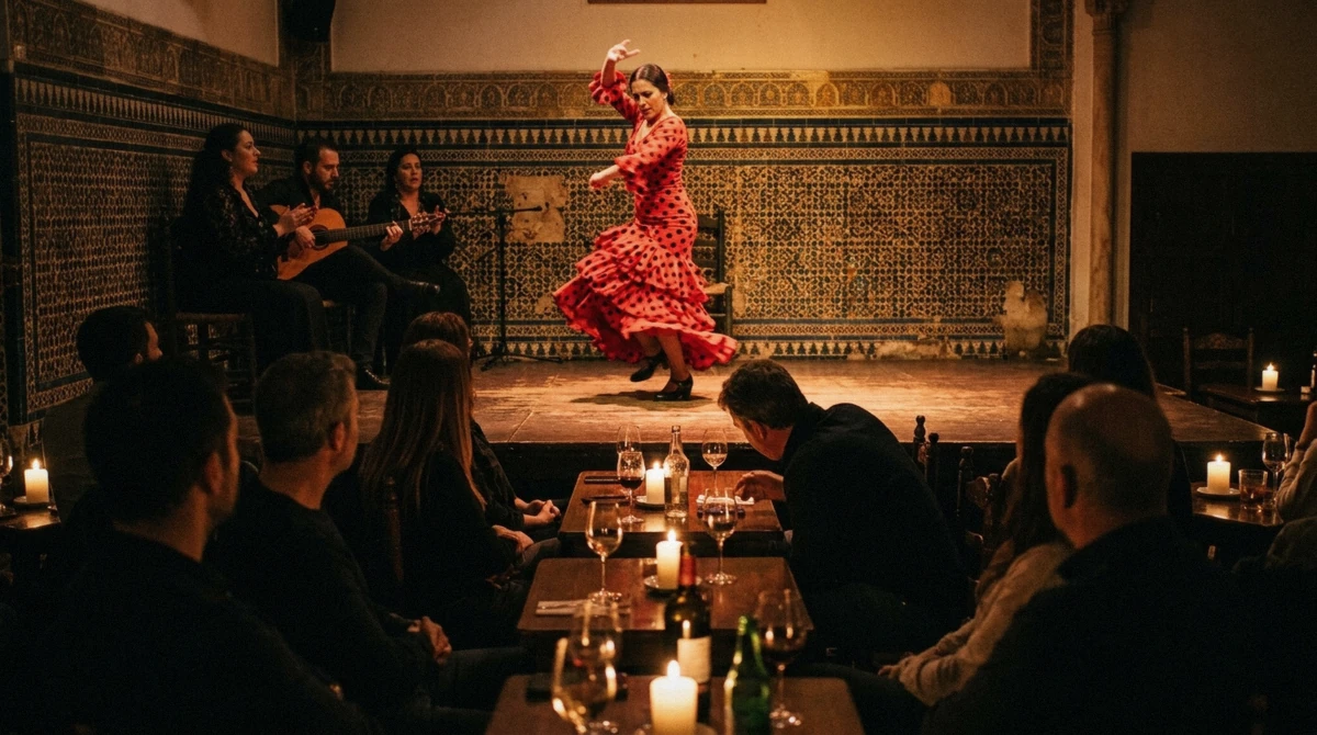 Audience seated a few metres from the boards during a flamenco show in Barcelona, Spain