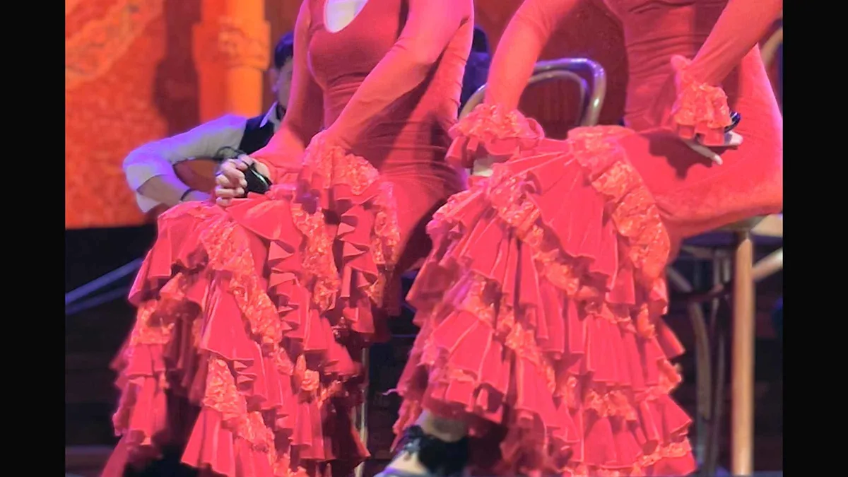 Flamenco company performing on a concert hall stage at the Gran Gala Flamenco show in Barcelona, Spain